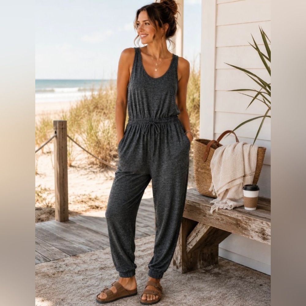 Free People Beach Bicoastal Charcoal Gray Sleeveless Drawstring Jumpsuit